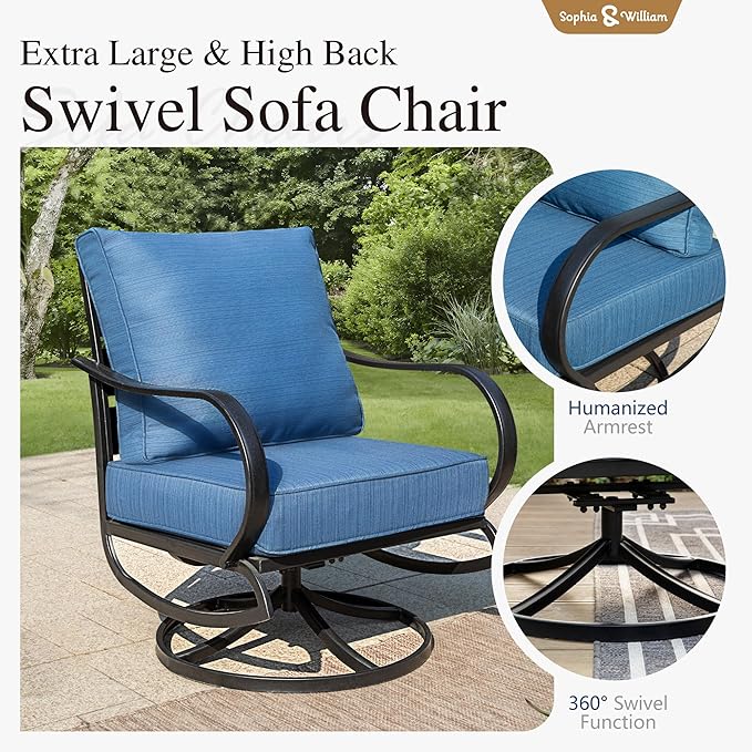 Sophia & William Patio Furniture Sets for 7 Outdoor Conversation Set 6 Pcs with 4 x Armrest Cushioned Sofa Chairs, 1 x 3-Seat Sofa, 1 Marbling Metal Coffee Table Garden Backyard Poolside Peacock Blue