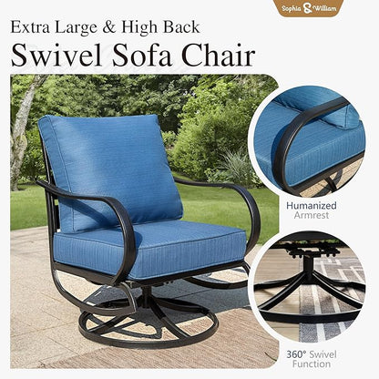 Sophia & William Patio Furniture Sets for 7 Outdoor Conversation Set 6 Pcs with 4 x Armrest Cushioned Sofa Chairs, 1 x 3-Seat Sofa, 1 Marbling Metal Coffee Table Garden Backyard Poolside Peacock Blue