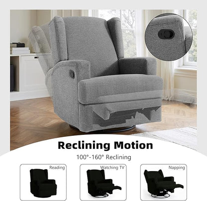 Swivel Glider Recliner Chairs Set of 2 for Adults - High Back Rocker Recliners with Deep Seat, Comfortable & Quiet Upholstered Fabric Armchairs for Living Room or Nursery, Manual Reclining-Light Gray
