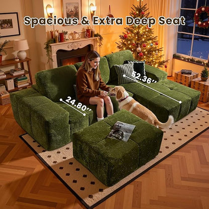 114" Glitter Cloud Sectional Couch with L-Shape Chaise & Ottoman, Modern Boneless Couches for Living Room, Fluffy Tufted Deep Seat Modular Sofa No Assembly (Green Sparkly Velvet,Right Facing)