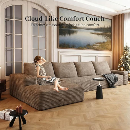 135.4'' Oversized Cloud Sofa Sectional Couch, Boneless Couch with L-Shape Chaise, Upholstered Compression Modular Sectional Sofa for Living Room, No Assembly Required (Camel, Left Facing Chaise)