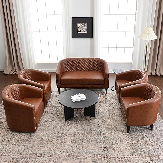 KINWELL 29" W Faux Leather Barrel Chairs Set of 2, Modern PU Upholstered Tufted Club Chairs with Nailhead Trim, Small Armchairs Accent Chairs for Living Room Bedroom Apartment Lounge Nursery, Brown