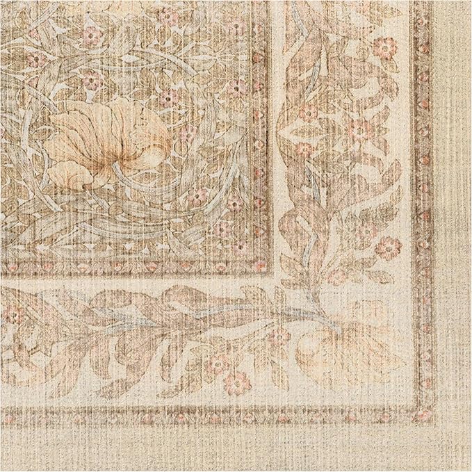 RUGGABLE x Morris & Co Washable Area Rug – Pimpernel Vintage Stone 3x5, Stain-Resistant, Non-Slip – Small Machine Washable Rugs for Living Room, Bedroom, Hallway, Entryway & Office–with Standard Pad