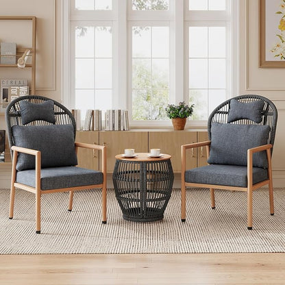 DAYRAUS Living Room Chairs, Accent Chairs Set of 2 with Coffee Table, Rattan Braid Arm Chair, Comfy Reading Lounge Chair, 3 Pieces Living Room Furniture Sets, Bedroom Armchair for Outdoor, Dark Gray