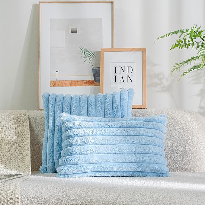 DEELAND Pack of 2,Double-Sided Faux Fur Plush Decorative Throw Pillow Covers Fuzzy Striped Soft Pillowcase Cushion Covers for Sofa Couch Bedroom Lightblue 16x16 inch