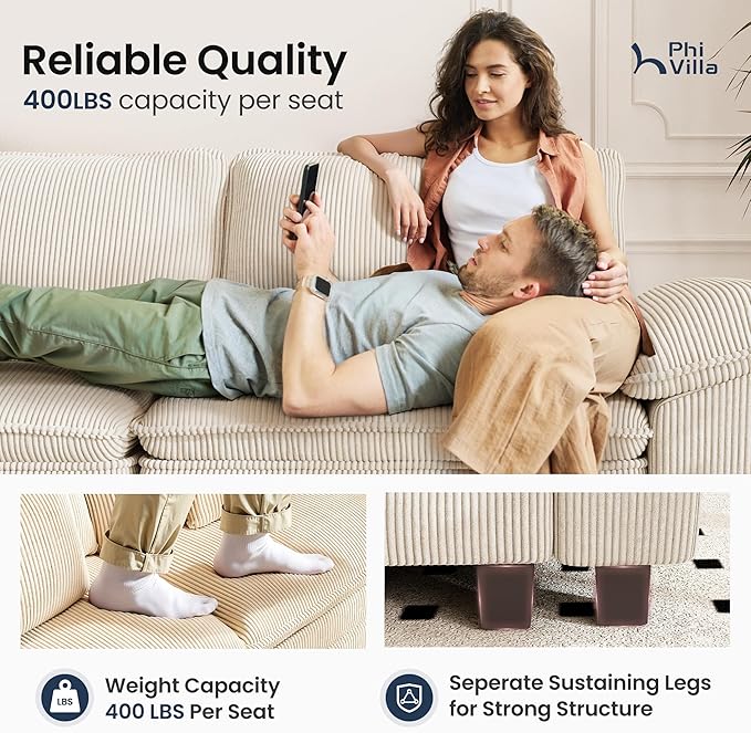 PHI VILLA Cloud Modular Couch Sets, 157.5" Sectional Sofa with L-Shaped Chaise, 5-Seater Upholstered Couches with Movable Ottoman for Living Room, Corduroy Fabric, Beige