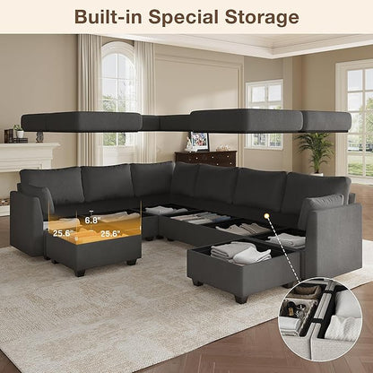 Modular Sectional Sofa Couches, Large Convertible Modular Couches With Storage, 8-Seater Sectional Sofa For Living Room, U Shaped Sectional Couch Sleeper Sofa With Chaise (DarkGrey, 8 Seats)
