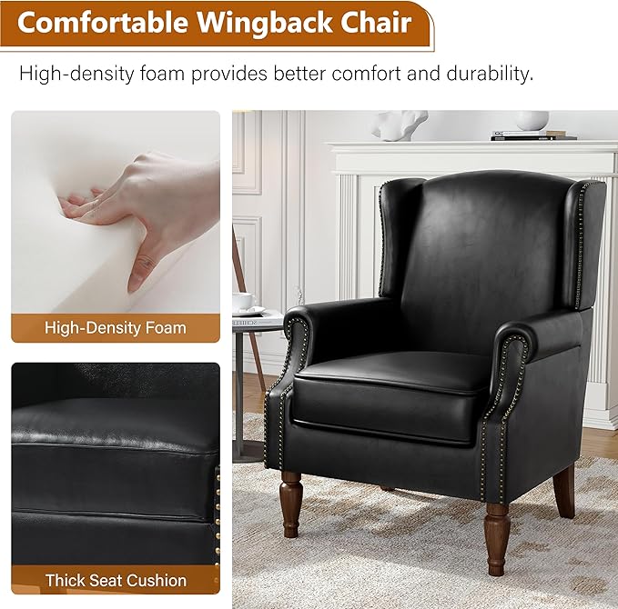 Faux Leather Wingback Accent Chairs Set of 2, High Back Upholstered Armchair, Comfy Fabric Wingback Arms Chairs with Solid Wood Legs, Single Sofa Reading Chair for Bedroom Living Room, Black