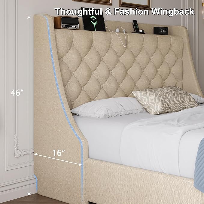 Full Size Upholstered Platform Bed Frame with 4 Storage Drawers and Charging Station, Linen Button Tufted Wingback Headboard, Sturdy Wooden Support Slats, No Box Spring Needed, Beige