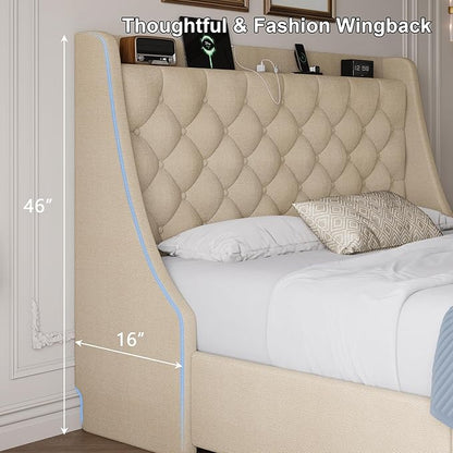 Queen Size Upholstered Platform Bed Frame with 4 Storage Drawers and Charging Station, Linen Button Tufted Wingback Headboard, Sturdy Wooden Support Slats, No Box Spring Needed, Beige