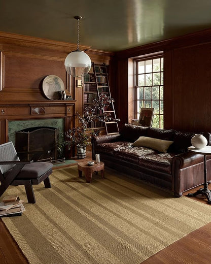 Loloi Leanne Ford Weatherstaff Collection WTS-03 Natural/Olive 8'-6" x 11'-6" Area Rug Jute, Striped, Neutral, Living Room, Bedroom, Dining Room