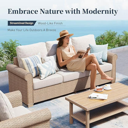 Patio Furniture Set 6 pcs, Wicker Rattan Sofa with 5.5" Thick Waterproof Cushions, 4 Chairs and Coffee Table, All Weather Outdoor Conversation Set for Backyard Deck, 7 Seats Beige