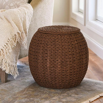 Household Essentials Handwoven Paper Rope Barrel Wicker Storage Basket Side Table, Brown