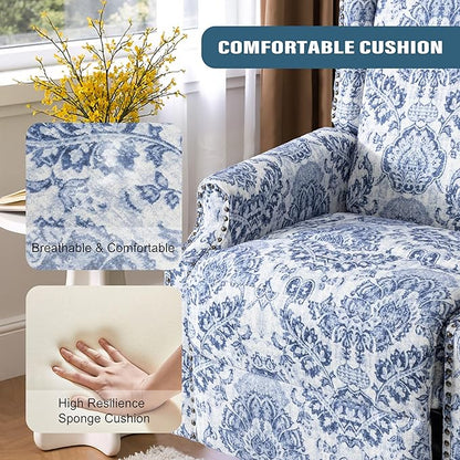 Pia Ricco Swivel Glider Recliner Chairs Set of 2, High Back Rocker Reclining Accent Chair with Smooth Manual Mechanism for Nursery, Comfortable & Quiet Upholstered Armchair Seating-Bule Pattern