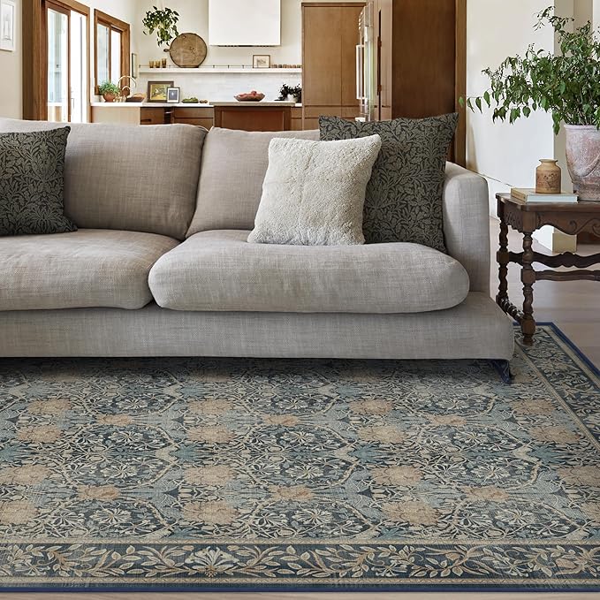 RUGGABLE x Morris & Co Machine Washable Area Rug – Honeysuckle & Tulip Blue 5x7, Stain-Resistant, Non-Slip – Medium Rugs for Living Room, Bedroom, Hallway, Entryway & Office–with Cushioned Pad