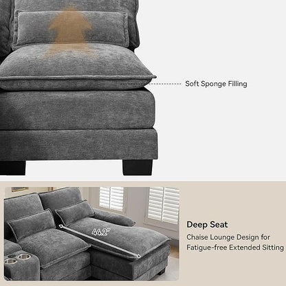 U Shaped Sectional Sofa with Storage Console, Cup Holders & USB Ports, Small Modular Cloud Couch with Deep Seats, Modern Comfy Living Room Sofa for Apartment, Chenille Grey