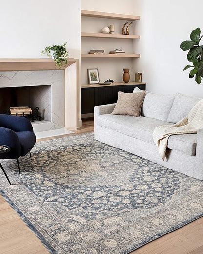 Loloi Teagan Collection TEA-01 Denim/Mist 6'-7" x 9'-2" Area Rug, Large, Soft Neutral Rug, High-Traffic for Living Room, Bedroom, Home Office, Dining Area