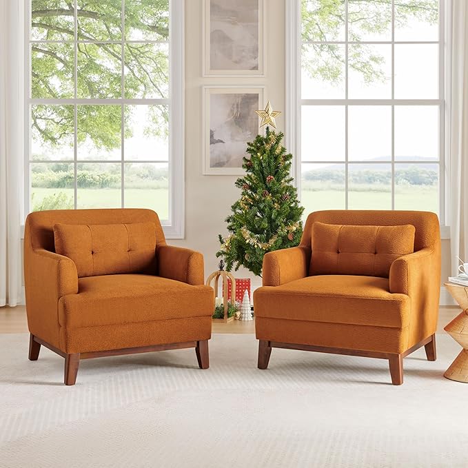 VANOMi Modern Accent Chairs, Terry Fabric Living Room Chairs with Cushion, Mid-Century Modern Comfy Reading Chair for Bedroom, Corner, Apartment, Orange