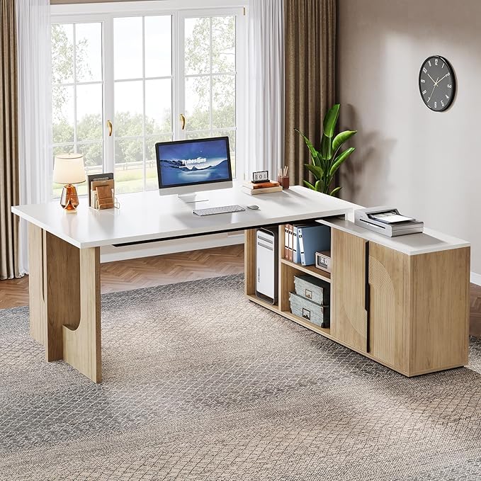 Tribesigns 74.8 Inch Executive Desk, Large Office Desk with Cabinet, L Shaped Computer Desk with Shelves and CPU Storage, Modern Home Office Desks Business Furniture Workstation Set, White and Wood