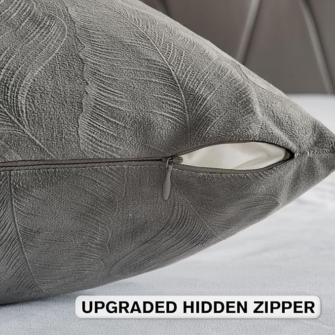 FUTEI Dark Grey Velvet Throw Pillow Covers 26x26 Inch Set of 2,Soft Embossed Leaf-Relief Textured Euro Pillow Shams,Natural Home Decor for Couch Living Room