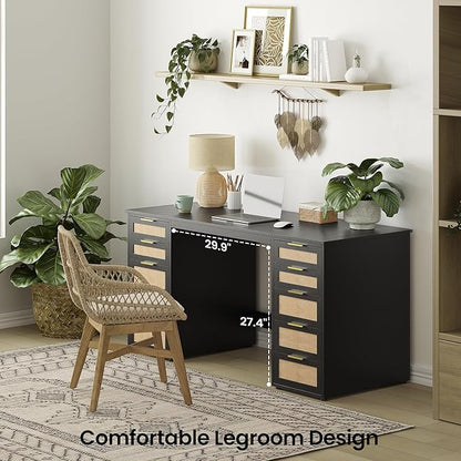 WOPITUES 60" Boho Home Office Desk with 10 Wooden Drawers, Rattan Computer Writing Desk with Power Outlets, Large Executive Desk with Storage Cabinet for Work Study Writing Craft, Black