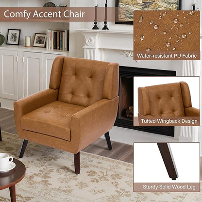 Faux Leather Accent Chairs Set of 4, Mid-Century Modern Upholstered Armchair, Comfy Living Room Chairs Reading Chairs with Button Tufted Back & Solid Wood Legs for Bedroom, Office, Brown