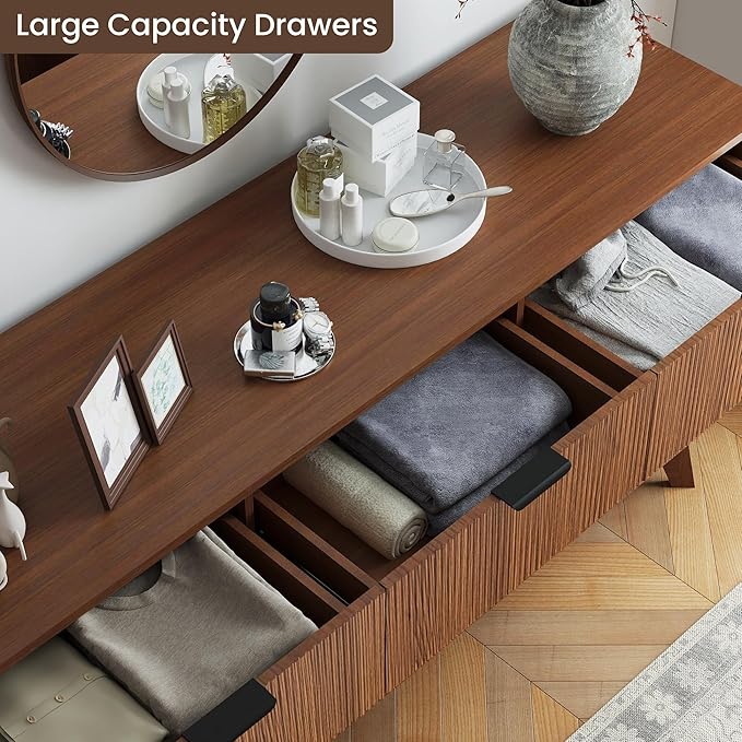 SUNWAVE Fluted 9 Drawer Dresser for Bedroom, 59.1" Wide Modern Large Dresser with Round Corner, Wood Drawer TV Stand for Living Room