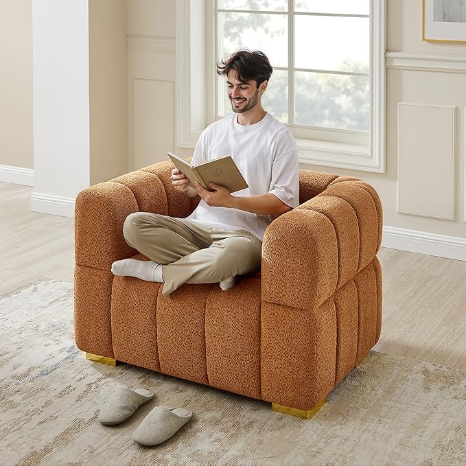 VANOMi Oversized Accent Chairs Set of 2, Boucle Arm Chair with Deep Seat, Oversized Comfy Reading Chair for Living Room, Bedroom, Office, Apartment，Curry (2 Piece)