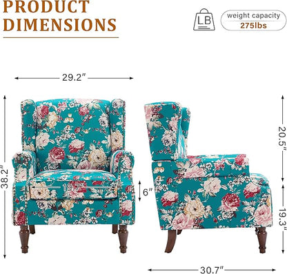 Wingback Accent Chairs Set of 2, High Back Upholstered Armchair, Floral Fabric Wingback Arms Chairs with Retro Solid Wood Legs, Single Sofa Reading Chair for Bedroom Living Room, Peacock Blue
