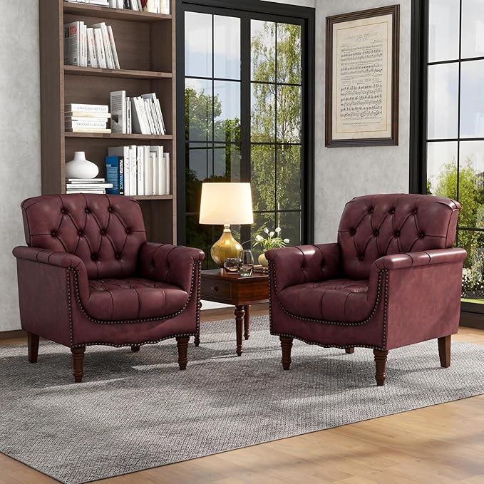 Lumibee Faux Leather Armchairs, Contemporary Accent Chairs Set of 2 with Nailhead Trims & Wood Legs for Living Room, Upholstered Comfy Arm Chairs for Office,Bedroom-Dark Red