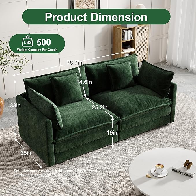 Modular Sectional Sofa, 76.7 Inch I-Shaped Cloud Sofa with Deep Seat Comfortable Chenille Sofa with Cushion Double Sectional Sofa for Living Room Apartment,Evergreen
