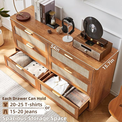 LEYAOYAO Rattan 6 Drawer Dresser for Bedroom Set of 2, 54" Wide Boho Chest of Drawers, Wooden Dressers TV Stand with Metal Handle, Storage Closet Organizer for Living Room, Hallway, Tea Brown