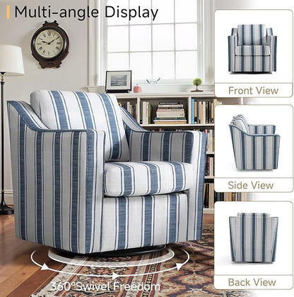 Pia Ricco Set of 2 Oversized Modern Striped Fabric Swivel Accent Chairs with Removable Covers, Living Room Reception Set,Navy