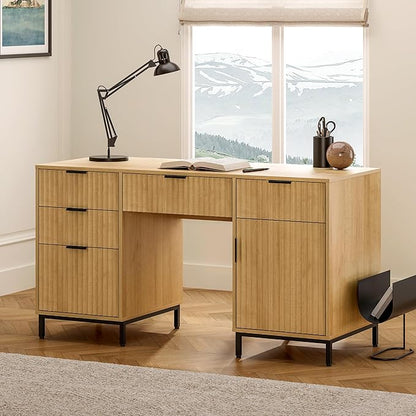 55" Fluted Executive Desk, Modern Home Office Desk with Charging Station, Keyboard Tray, File Drawer, Storage Cabinet for Work Study Writing Desk, Natural Oak
