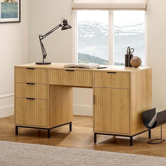 Fluted Executive Desk with File Drawer, 55" Large Computer Desk with Storage and Charging Station, Modern Wooden Home Office Desk for Workspace, Writing, Study, Nautral Oak