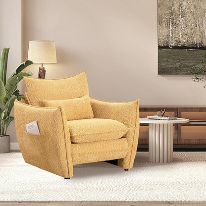 Chenille Oversized Accent Chairs, Modern Oversized Armchair with Removable Pillow, Comfy Living Room Chair with Side Pocket Storage for Bedroom, Office, Yellow