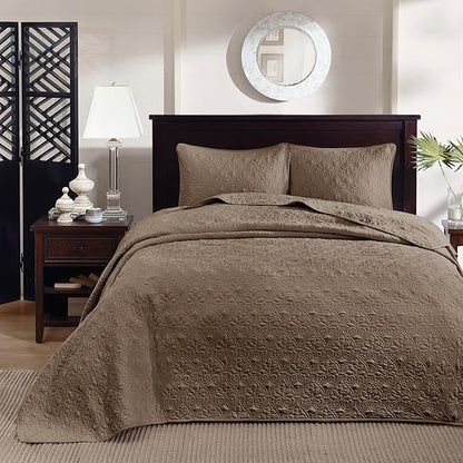 Madison Park Quebec Reversible Damask Design, Double Sided Quilting All Season, Lightweight Coverlet Bedspread Bedding Set, Matching-Shams, Queen(102"x118"), Mocha