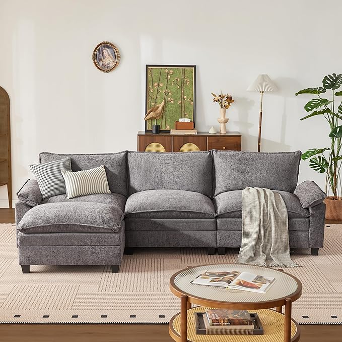 114 Inch Modular Couch Sectionals with Ottoman, Big Comfy Cloud Couches, L Shaped 4 Seat Modular Sectional Sofa, Modern Cloud Sectional Couches for Living Room, Deep Seat Comfy Sofa, Grey