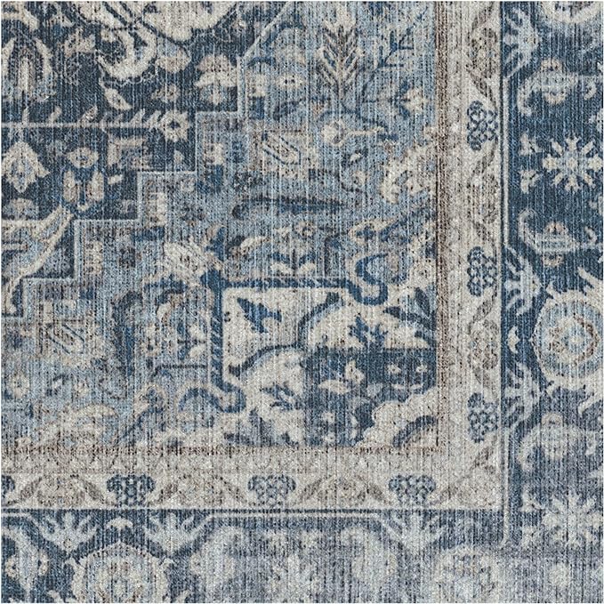 RUGGABLE Washable Area Rug – Kamran Admiral Blue 8 ft Round, Stain-Resistant, Non-Slip – Large Machine Washable Rugs for Living Room, Bedroom, Hallway, Entryway & Office–with Cushioned Pad