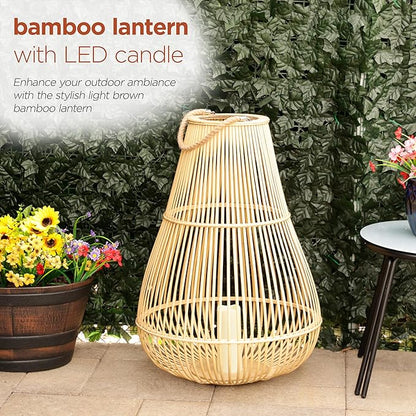 Alpine Corporation IWY108HH-L Outdoor Bamboo Lantern with LED Candle, Brown Finish for Patio and Garden Decor, 33" Tall