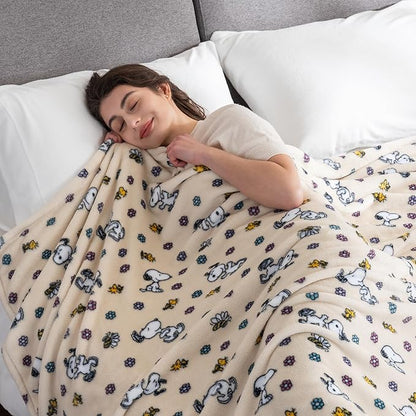 Berkshire Blanket Peanuts® VelvetLoft® Cute Character Snoopy Plush Blanket,Peanuts Woodstock Snoopy Spring Frolic Large Canvas,Full/Queen 90 in x 90 in (Official Peanuts® Product)