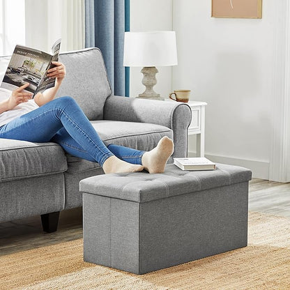 SONGMICS MAZIE Collection - 30 Inches Ottoman Storage Bench, 21 Gal. Folding Chest with Breathable Linen-Look Fabric, Load up to 660 lb, for Entryway, Living Room, Bedroom, Light Gray ULSF001G02