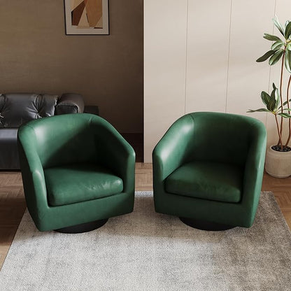 Lumibee Swivel Accent Chairs Set of 2, Faux Leather Swivel Barrel Chairs for Living Room, Modern Comfy Upholstered Round Armchairs Single Sofa Chairs for Bedroom, Club-Green