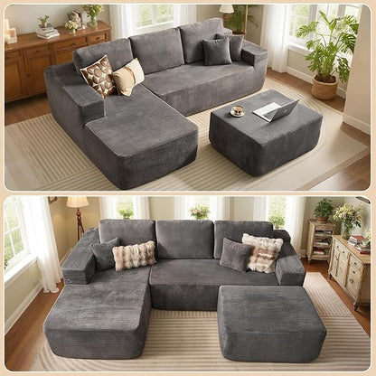 37.1" Ottoman for Couch, Plush Corduroy Memory Foam Ottoman Cloud Boneless Sectional Couch for Living Room Foot Stools No Assembly Require, Stripe Corduroy,Gray