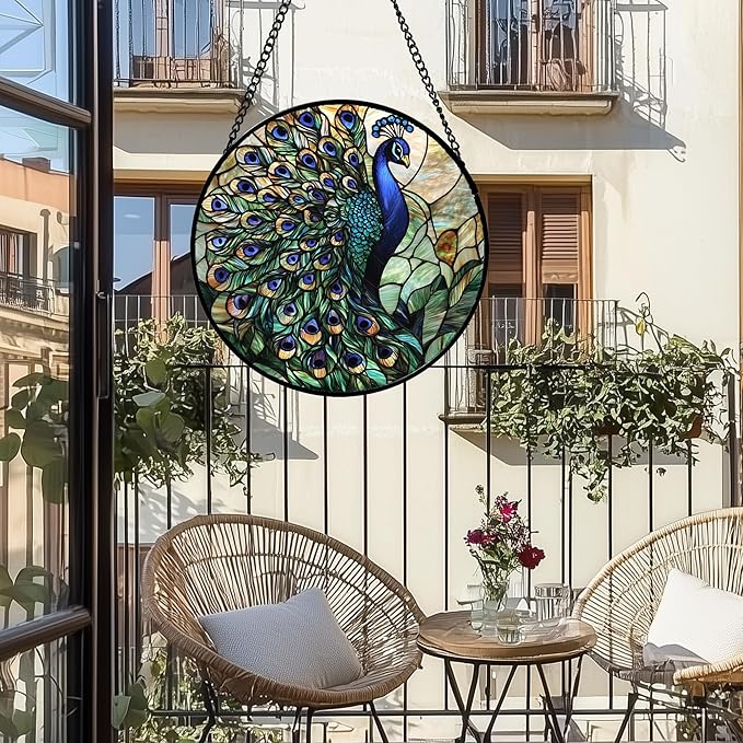 Stained Glass Window Hanging, Turquoise Peacock Sun Catcher for Door Home Decor Blue Green Suncatcher Christmas Mother's Day Birthday Gifts for Women Men Mom and Nana 11.8 in