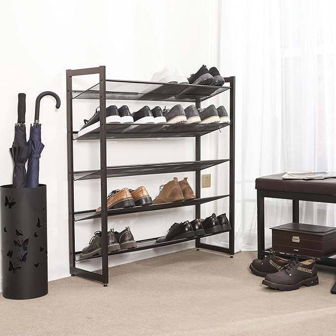 SONGMICS Shoe Rack, 5-Tier Shoe Organizer, Metal Shoe Storage for Garage, Stackable Shoe Shelf, with Adjustable Flat or Angled Shelves, 20-25 Pairs, Bronze ULMR05A
