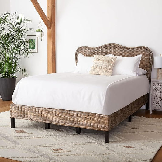 SAFAVIEH Home Collection Daejon Coastal Rattan Legs Camelback Headboard Full Size Bed BED8001A-F, Grey/Espresso