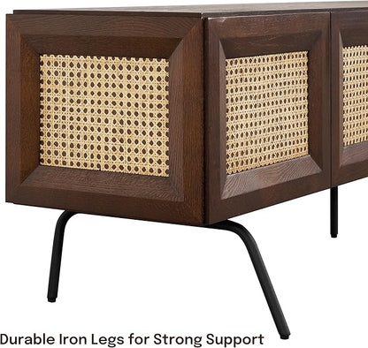 NTC Mossic TV Media Cabinet with 4 Doors for TVs, Entertainment Center with Natural Rattan, Metal Legs, Modern Storage Console for Living Room and Bedroom, Effortless Assembly, Dark Walnut
