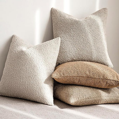 Foindtower Pack of 2, Decorative Textured Boucle Throw Pillow Covers Accent Solid Pillow Cases Cozy Soft Couch Cushion Case for Chair Sofa Bedroom Living Room Home Decor 22 x 22 Inch Ivory Beige