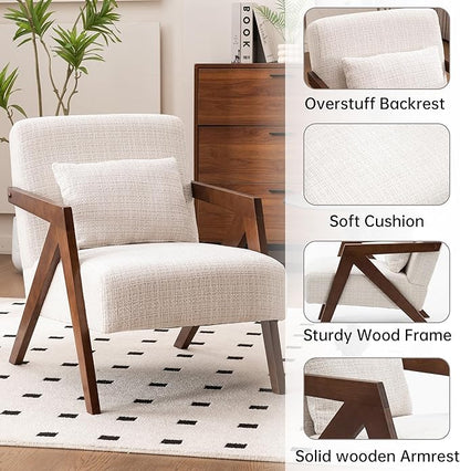 Mid-Century Modern Accent Chair Set of 2 with Solid Wood Frame，Upholstered Chenille Living Room Arm Chairs with Pillow for Bedroom, Living Room, Reading Room, Balcony, Beige